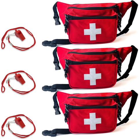 3 Pack - Lifeguard Fanny Pack With Whistle Lanyard - Baywatch Style First Aid Hip Pack w/ Adjustable Strap, Cross Logo + Zipper Pouch, Emergency Equipment Set - ASA TECHMED