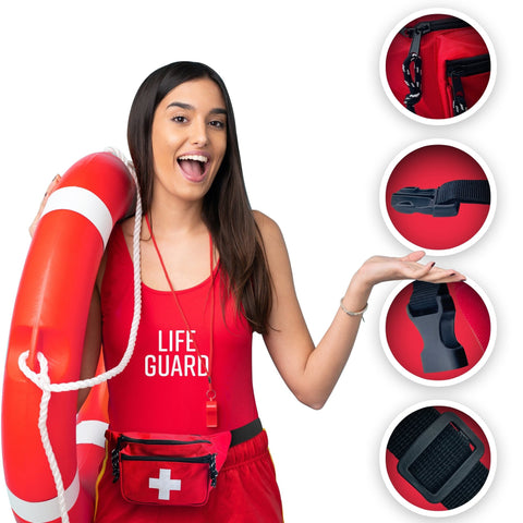 5 Pack Lifeguard Fanny Pack With Whistle Lanyard - Baywatch Style First Aid Hip Pack w/ Adjustable Strap, Cross Logo + Zipper Pouch, Emergency Equipment Set - ASA TECHMED