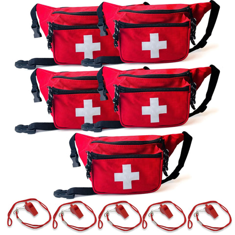 5 Pack Lifeguard Fanny Pack With Whistle Lanyard - Baywatch Style First Aid Hip Pack w/ Adjustable Strap, Cross Logo + Zipper Pouch, Emergency Equipment Set - ASA TECHMED