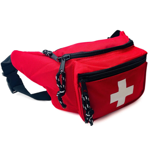 5 Pack Lifeguard Fanny Pack With Whistle Lanyard - Baywatch Style First Aid Hip Pack w/ Adjustable Strap, Cross Logo + Zipper Pouch, Emergency Equipment Set - ASA TECHMED