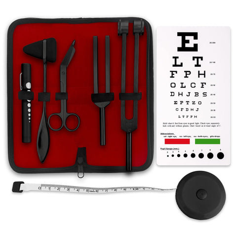 7 Pcs Tactical Black Diagnostic Reflex Percussion Kit - Taylor Hammer, Measuring Tape, Tuning Forks, Bandage Scissors, Pupil Gauge Penlight, Snellen Eye Chart - ASA TECHMED