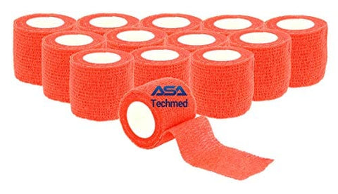 ASA TECHMED - 12 Pack, Red 2” x 5 Yards, Self - Adherent Cohesive Tape, Strong Sports Tape for Wrist, Ankle Sprains & Swelling, Self - Adhesive Bandage Rolls - ASA TECHMED