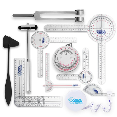 ASA TECHMED Complete Goniometer Physical Therapy 12 - Piece Set with Reflex Hammer and Gait Belt - ASA TECHMED