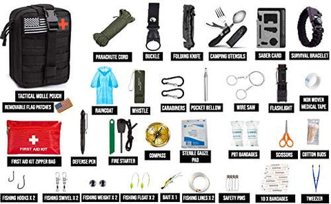 ASA Techmed Emergency Survival Kit 50 Pc Survival Gear Tactical IFAK First Aid Kit for Camping Adventures SOS Emergency Flashlight Pen Paracord Bracelet Fishing Kit Compass with Molle Pouch - ASA TECHMED