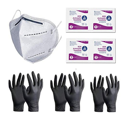 ASA Techmed Face Mask and Gloves Set With Sanitizing wipes,(PPE) Personal Protective kit, 1 5 - ply Face Mask, 3 Sanitizing Wipes and 3 black Gloves, Adult - ASA TECHMED