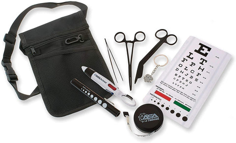 ASA Techmed Medical Utility Pouch Kit w/Snellen Eye Chart, Straight Hemostat Forceps, Lister Bandage Scissors, Tissue Forceps, Penlight, Tape Measure, 4 Color Pen + Keychain (Green) - ASA TECHMED