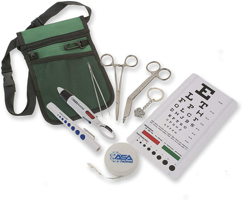 ASA Techmed Medical Utility Pouch Kit w/Snellen Eye Chart, Straight Hemostat Forceps, Lister Bandage Scissors, Tissue Forceps, Penlight, Tape Measure, 4 Color Pen + Keychain (Green) - ASA TECHMED