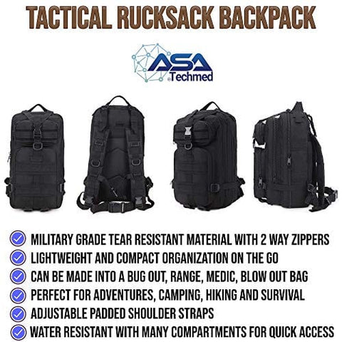 ASA Techmed Rucksack Military Tactical Molle Bag Backpack Waterproof Pouch + 8 U.S. Flag Patches for Outdoors, Hiking, Travel - ASA TECHMED