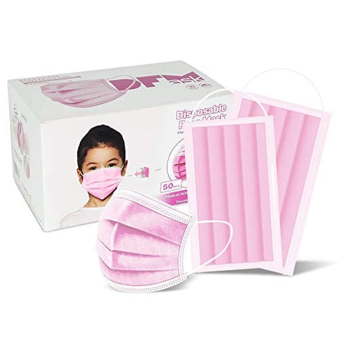 Child 50 Pc (Pink) 3 - Ply Disposable Face Mask Earloop Protective Mouth Cover - Pink for Kid - ASA TECHMED