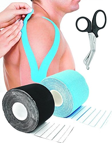 Kinesiology Tape Black & Blue (2 Rolls), Elastic Therapeutic Sports Tape for Knee Shoulder and Elbow, Breathable, Water Resistant, Latex Free, 2" x 82' feet Per Roll Free EMT Shear - ASA TECHMED