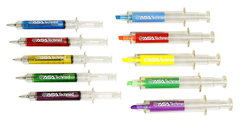 Nurse Pen & Highligher Set - 5 Syringe Pens & 5 Syringe Highlighters in Assorted Colors - ASA TECHMED