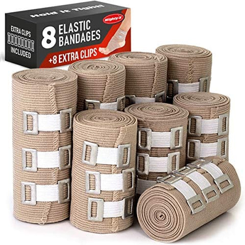 Premium Elastic Bandage Wrap - 8 Pack + 8 Extra Clips - Durable Compression Bandage (4X - 3 inch, 4X - 4 inch Rolls) Stretches up to 15ft in Length - ASA TECHMED