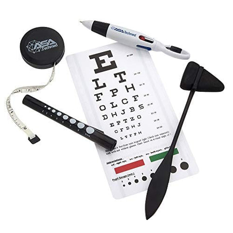 Snellen Plastic Eye Chart with LED Pupil Gauge Pen Light, Taylor Hammer, Tape Measure and 4 - Color Pen - ASA TECHMED