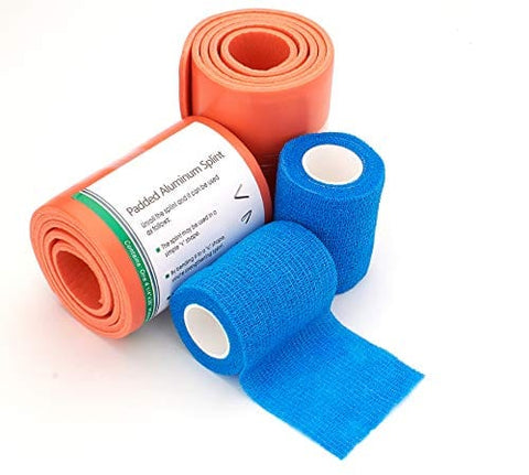 Universal Aluminum Rolled Emergency Splint and 2 Self - Adherent Cohesive Tape Rolls - Ideal Wrap for Sports, First Aid, Pets - ASA TECHMED